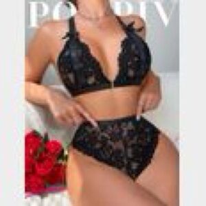 Black Lace Plunge Bralette and High-Waist Brief Set - Women lingerie